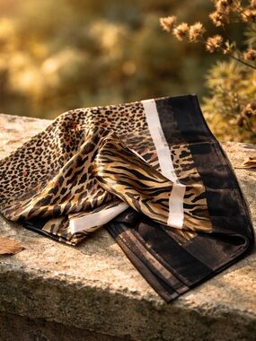 Animal Print Silk Scarf in Beige and Black Large Size